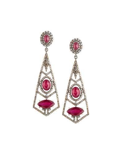 Geometric Composite Ruby & Diamond Dangle Earrings