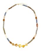Long Wooden & Crystal Beaded Necklace