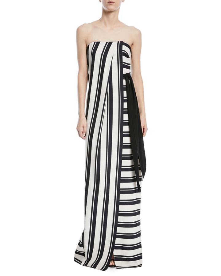 Strapless Striped Gown W/ Tie Waist