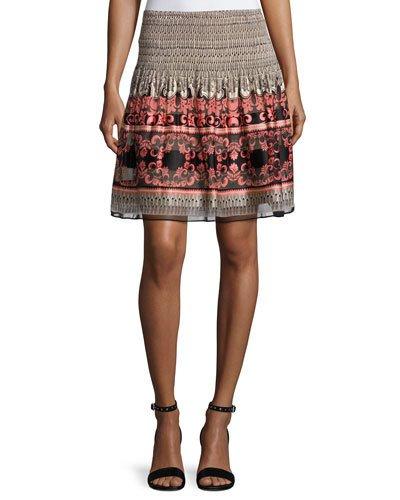 Smocked-waist Flared Skirt, Black Pattern