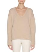 Wool-cashmere V-neck Sweater With Mink Fur Trim, Camel