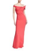 Off-the-shoulder Short-sleeve Column Gown W/ Asymmetric Knot Detail