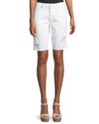High-waist Raw-edge Distressed Denim Bermuda