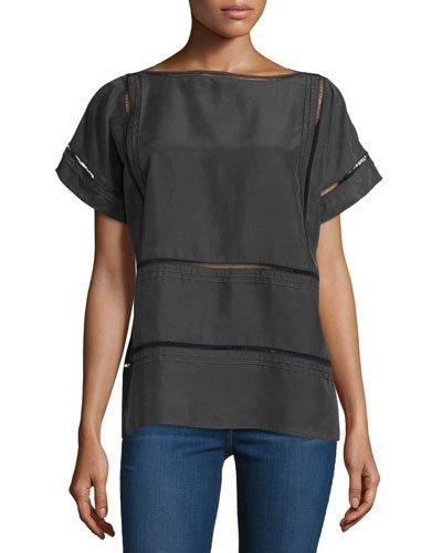 Mesh Insert Silk Top, Black