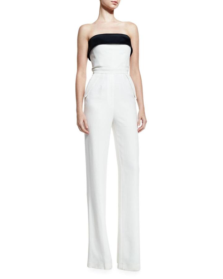 Bicolor Strapless Wide-leg Jumpsuit, Black/white