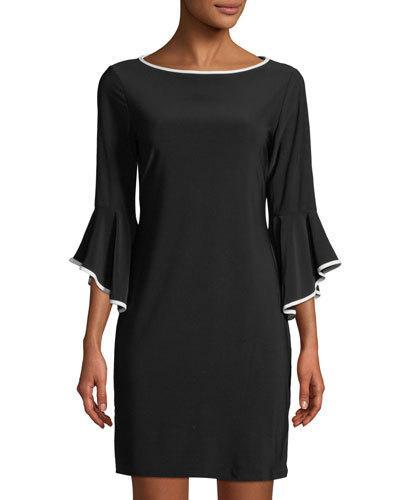 Bell-sleeve Jersey Sheath Dress With Piping