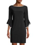 Bell-sleeve Jersey Sheath Dress With Piping