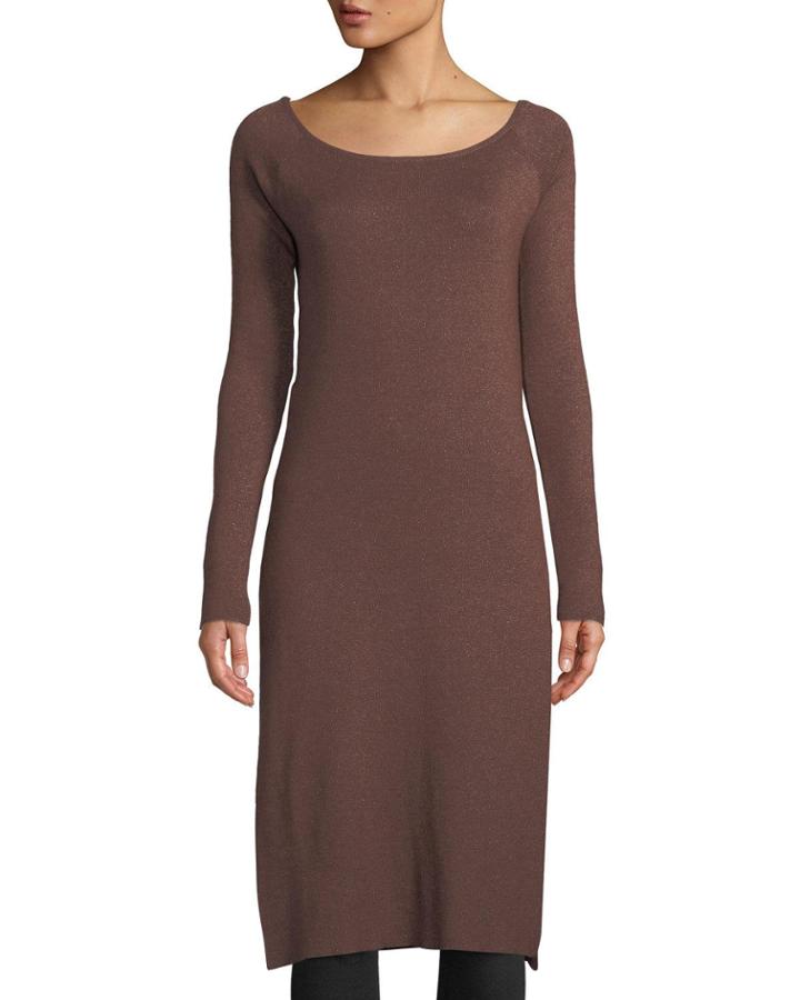 Long-sleeve Metallic Cashmere Tunic Dress, Brown