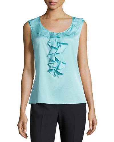 Stretch-silk Ruffled Top, Cyan Blue
