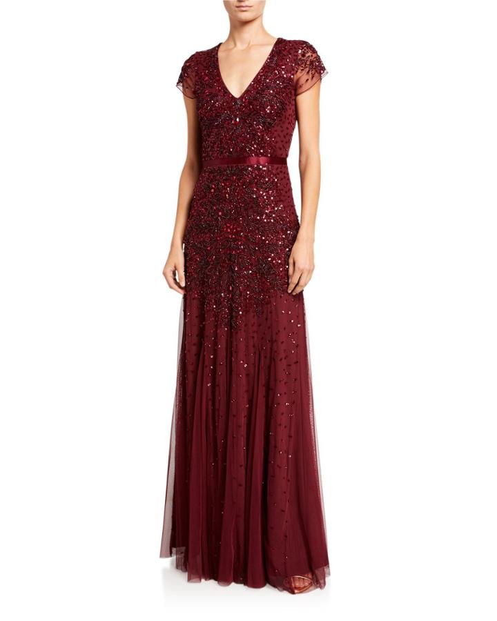 Long Beaded Cap-sleeve Dress