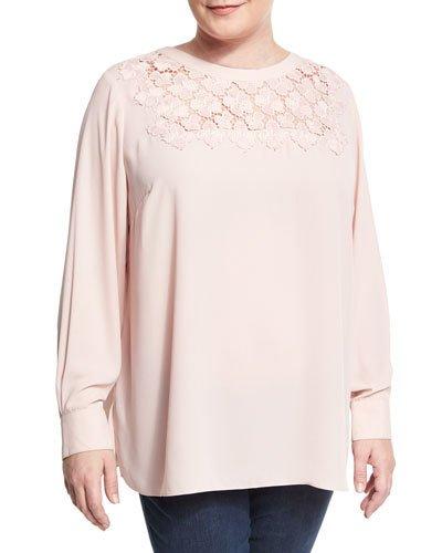 Long-sleeve Blouse With Embroidered Yoke, Pink,