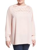 Long-sleeve Blouse With Embroidered Yoke, Pink,