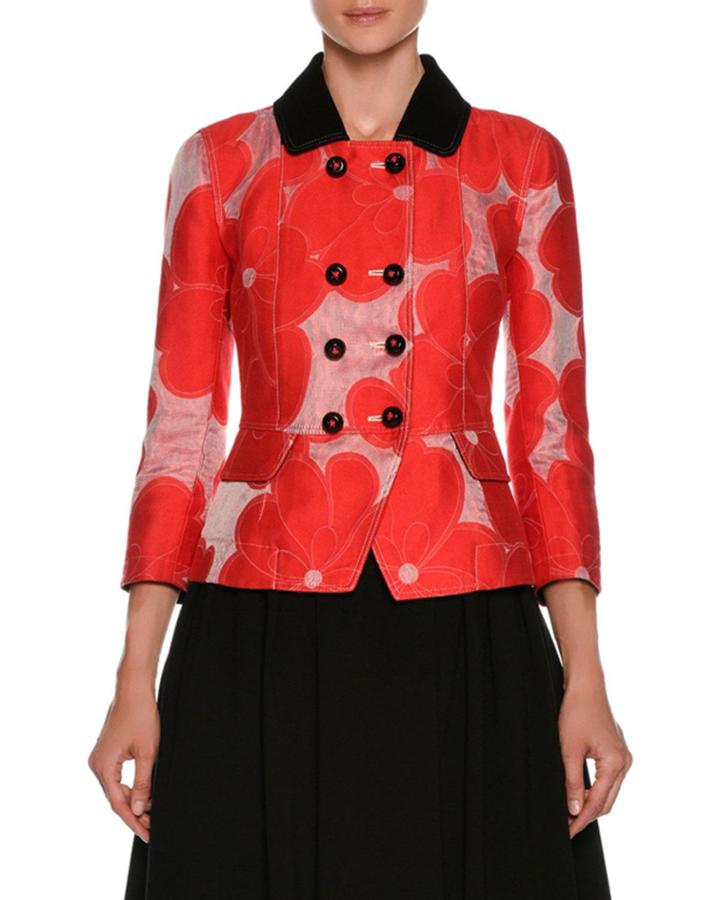 Double-breasted Floral-jacquard Cotton-silk Jacket