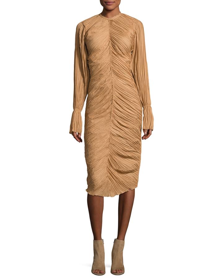 Ruched Long-sleeve Midi Dress, Camel