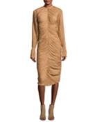 Ruched Long-sleeve Midi Dress, Camel