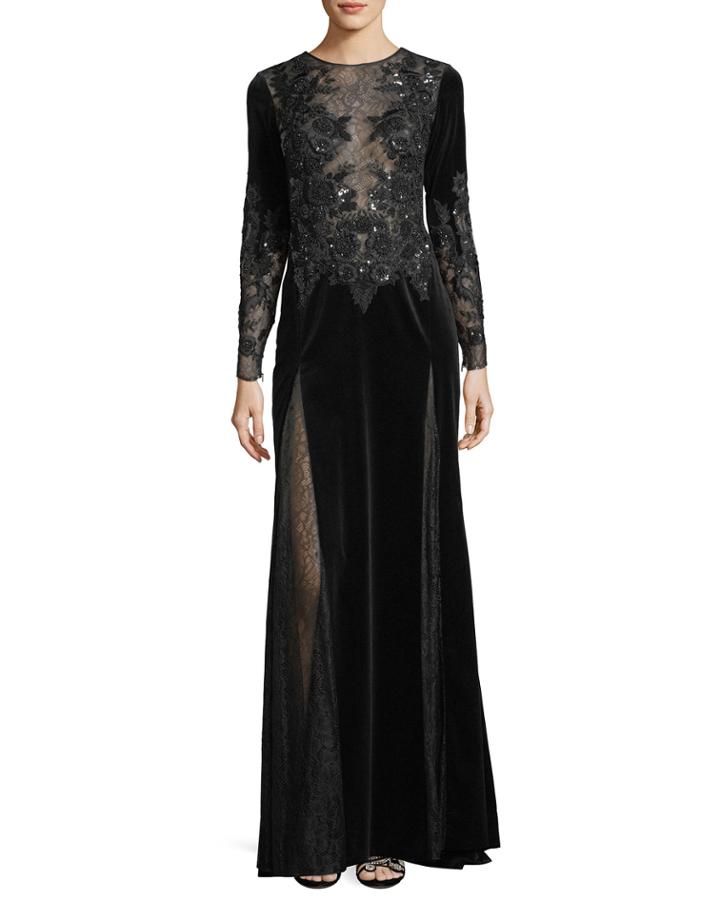 Long-sleeve Embroidered Velvet Evening Gown With