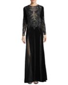 Long-sleeve Embroidered Velvet Evening Gown With