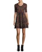 Elbow-sleeve Floral Jacquard Knit Dress