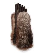 Long Leather Fox-trim Gloves, Black/silver Fox