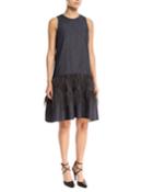Sleeveless A-line Denim Dress With Ostrich Feathers