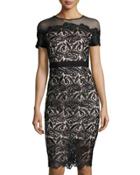 Short-sleeve Lace Sheath Dress, Black
