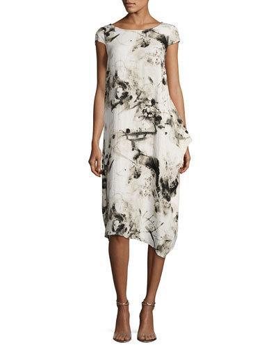 Cap-sleeve Print Midi Dress, Black/white