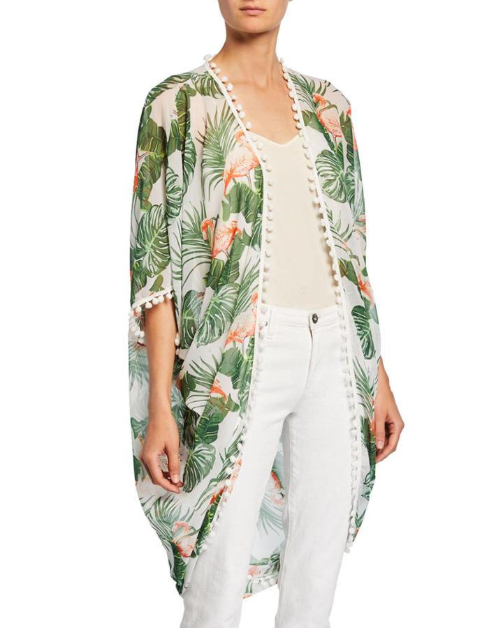 Pompom Leaf-print Kimono