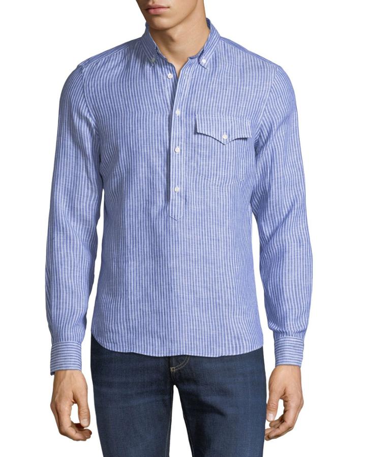 Leisure-fit Pinstriped Linen 1/2-button