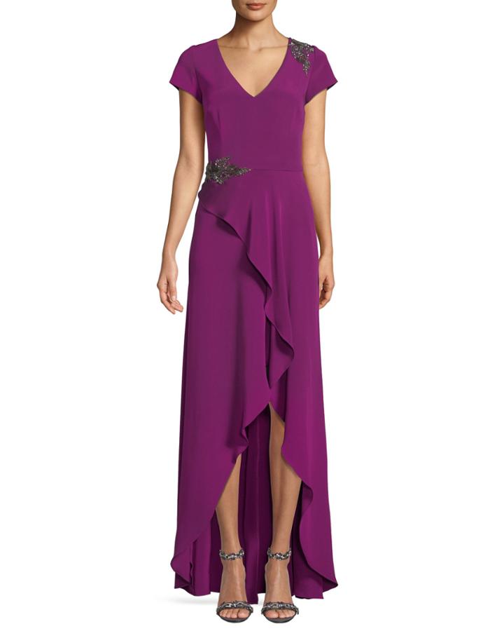Bead Embellished Gown W/ Asymmetric