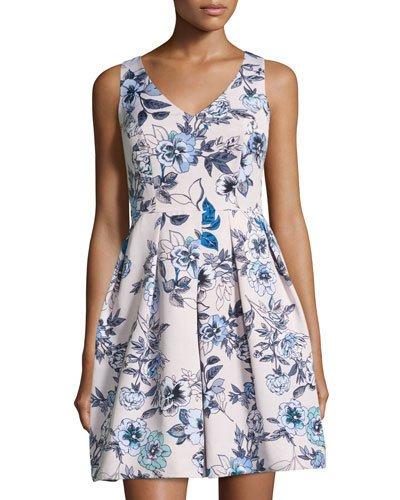 Sleeveless Floral-print Fit-and-flare Dress, White/blue