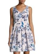 Sleeveless Floral-print Fit-and-flare Dress, White/blue