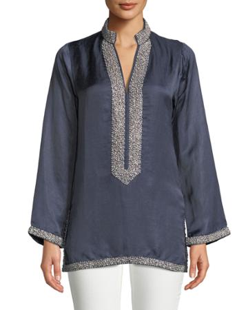 V-neck Long-sleeve Pearly Embellished Tunic With Mandarin Collar