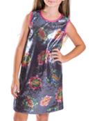 Girl's Super Girl Cosmic Print Sequin Shift Dress,