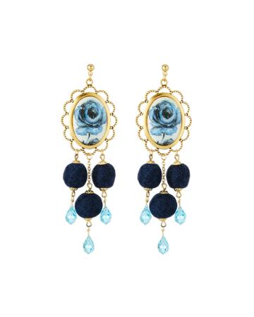 Navy Rose Pompom Dangle Earrings