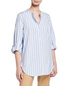 Striped Jewel-neck Button-front French-cuff Blouse