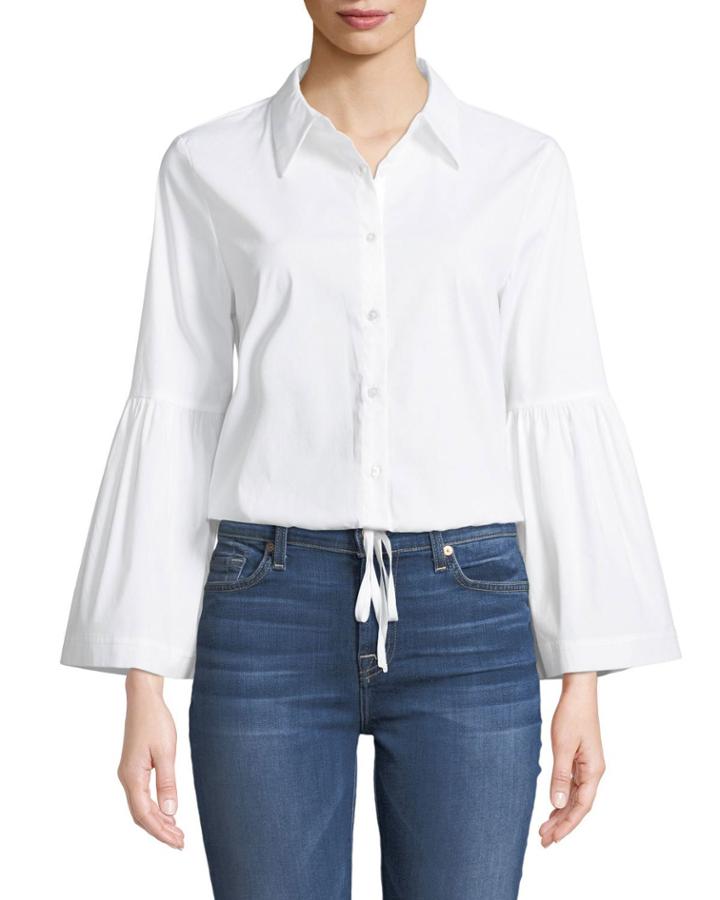 Bell-sleeve Drawstring Hem Button-front Blouse