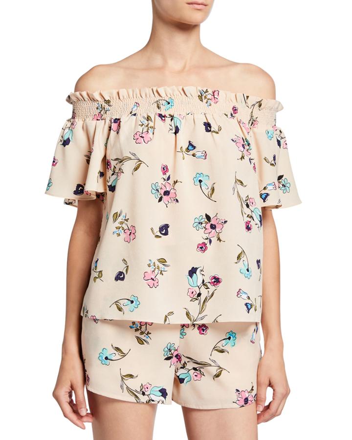 Floral-print Off-the-shoulder Short-sleeve Top