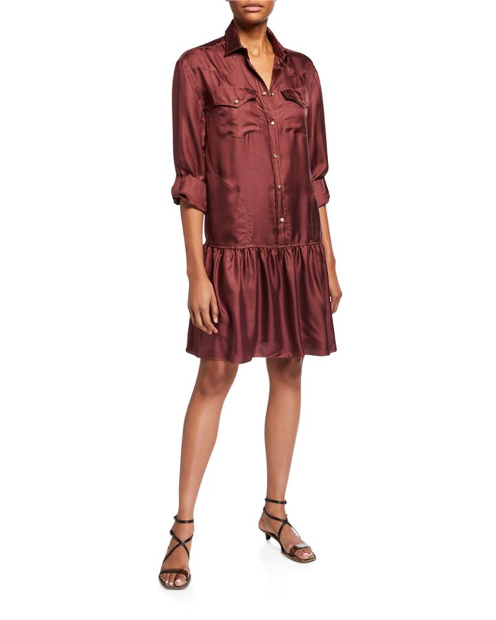 Button-down Silk Twill Flounce-hem