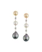 14k Tricolor Pearl & Diamond Dangle Earrings