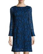 Long-sleeve Paisley Lace Shift Dress, Royal