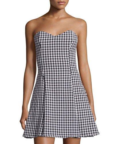 Gingham Fitted Strapless Dress, Black/white