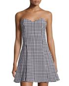 Gingham Fitted Strapless Dress, Black/white