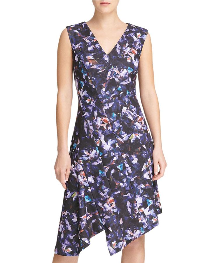Abstract Scuba Crepe Asymmetric Dress