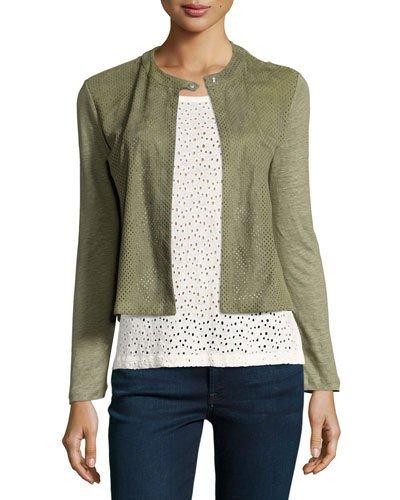 Perforated Suede & Linen Combo Cardigan