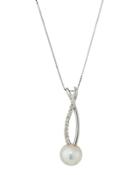 14k Freshwater Pearl & Diamond Curved Pendant Necklace,