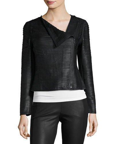 Asymmetric-zip Leather Striped Jacket, Black