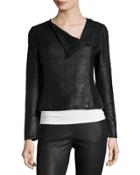 Asymmetric-zip Leather Striped Jacket, Black