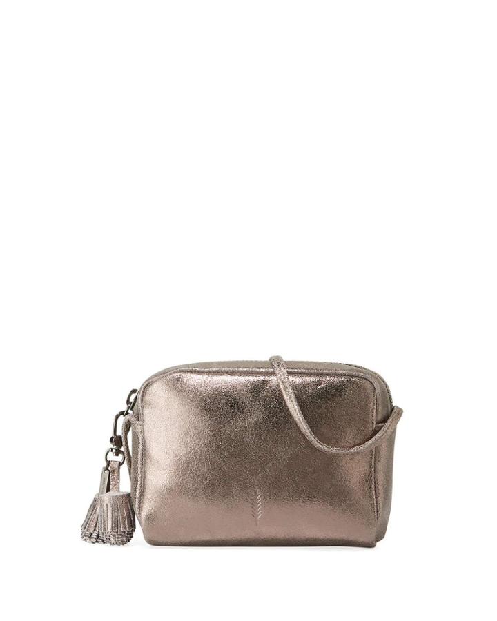 Pompom Metallic Leather Crossbody Bag, Pewter