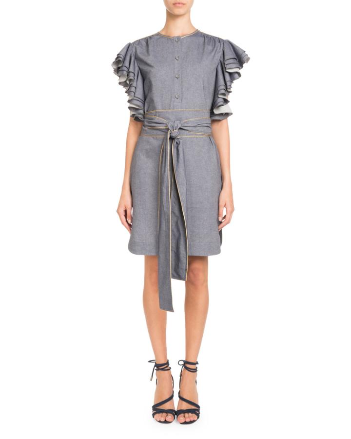 Heavy-ruffle Sleeveless Belted Chambray Dress W/ Golden Piping