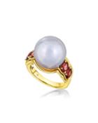18k Yellow Gold Rubelite And Pearl Ring